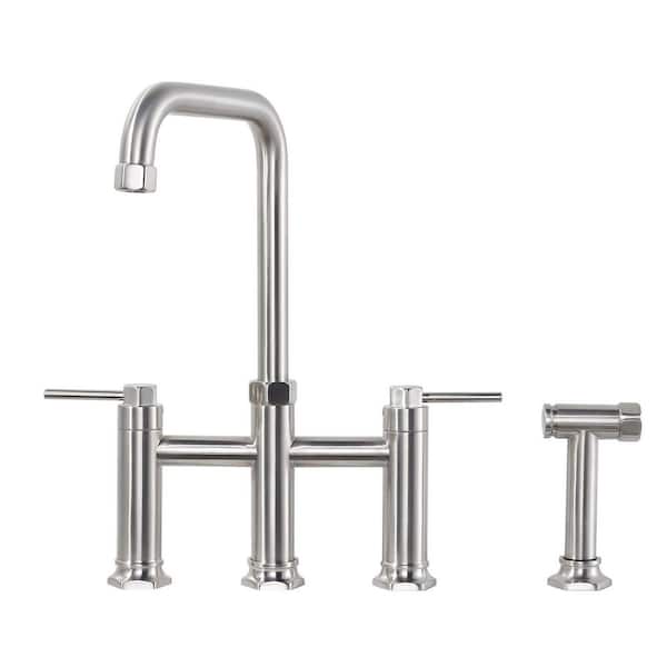 ARCORA Brushed Nickel Double Handle High-Arc Widespread Deck Mounted Kitchen Faucet With Side Spray in Brass