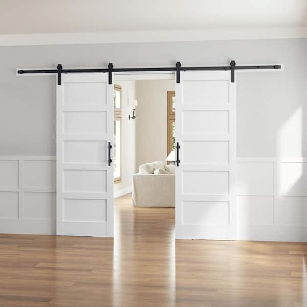 60 in. x 84 in. (Double 30 in. Doors) 5-Panel Solid MDF White Finished Interior Sliding Barn Door with Hardware Kit