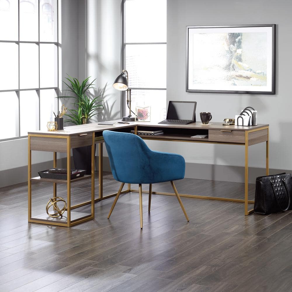 Diamond Ash L-Shaped Computer Desk with Drawers