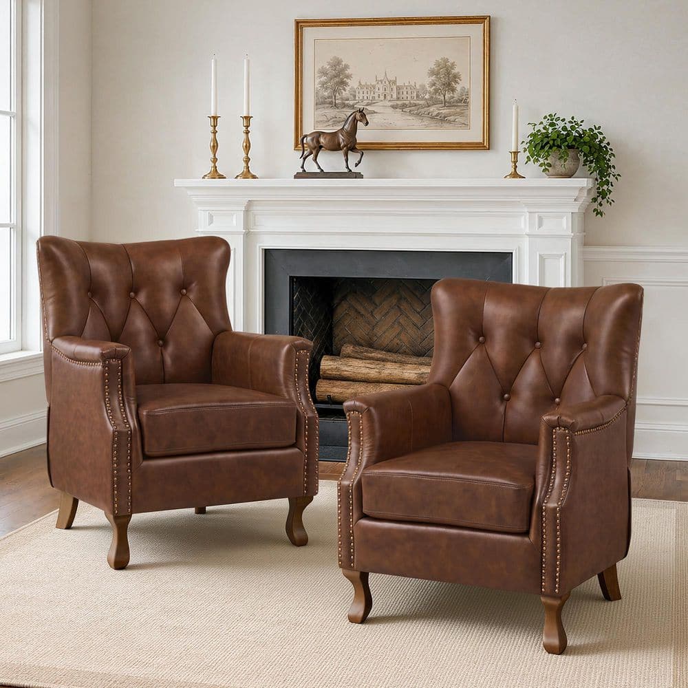 Redi Dark Brown Genuine Leather Accent Chair Modern Wingback Chair with Solid Wood Tapered Legs (Set of 2) price history on PriceWatchPro