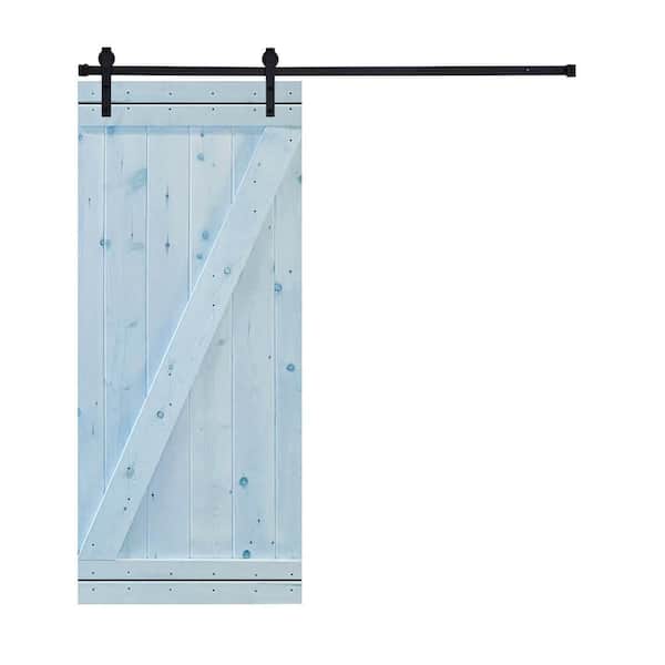 AIOPOP HOME Z-Bar Series 24 in. x 84 in. Light Blue Stained Knotty Pine Wood DIY Sliding Barn Door with Hardware Kit