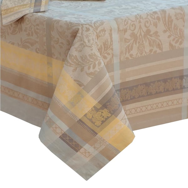 Villeroy & Boch Promenade 63 in. W x 126 in. L in Gray/Gold Jacquard Fabric Tablecloth