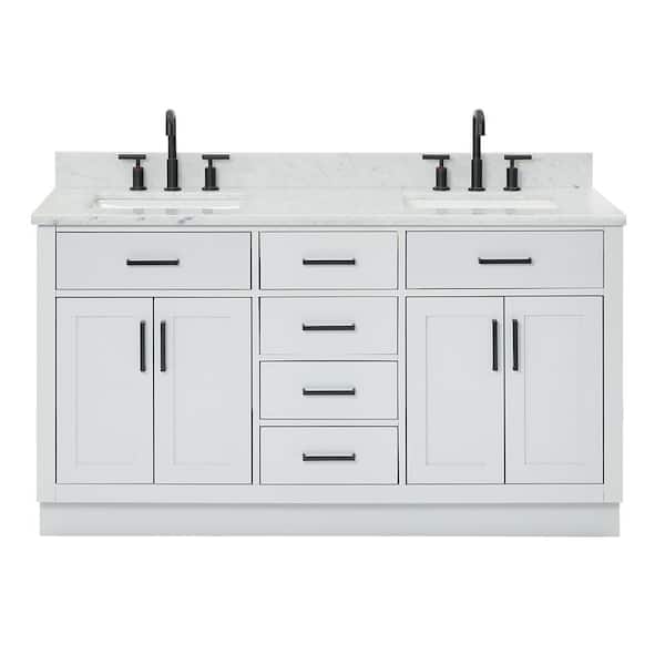 Hepburn 60 in. Double Sink Freestanding Bathroom Vanity in Gray with 0.75 in. Carrara White Marble Top