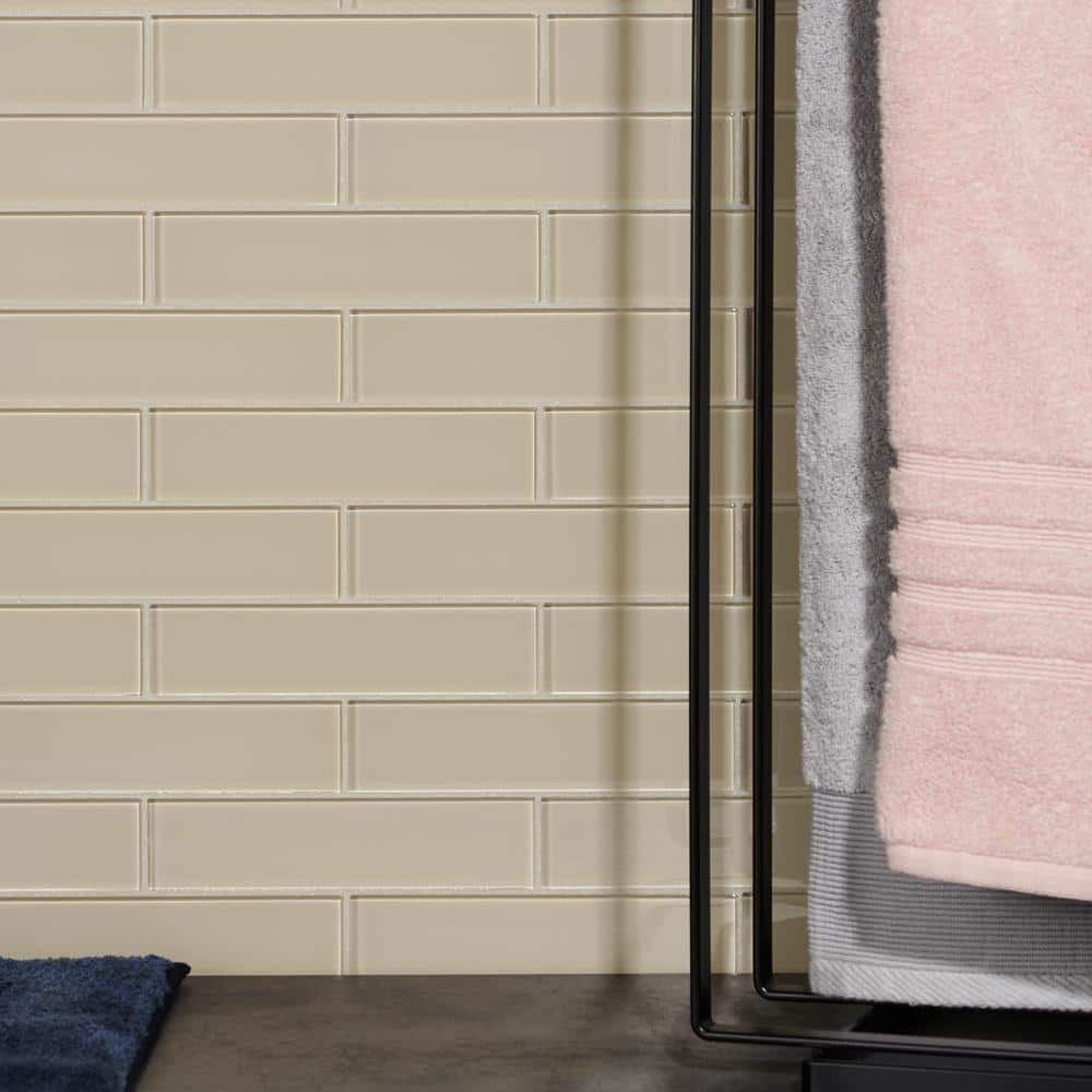 Beige 2" x 8" Polished Glass Subway Wall Tile