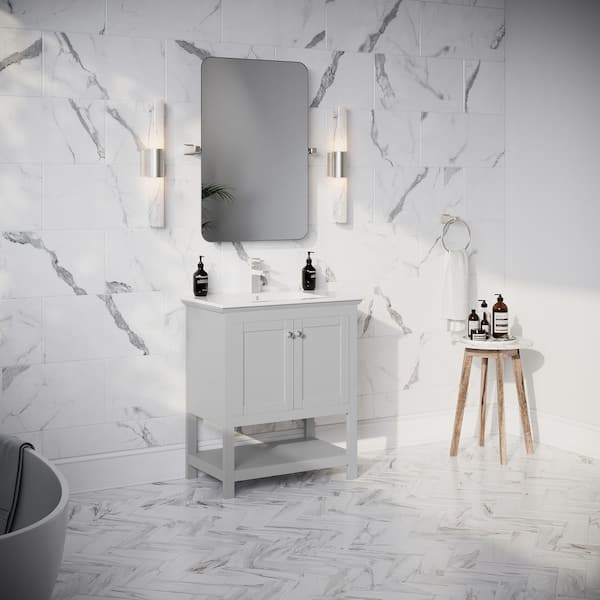 Manchester 30 in. Single Sink Shaker-Style Gray Bath Vanity with White Quartz Top and Integrated Sink