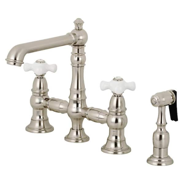 Kingston Brass English Country 2-Handle Bridge Kitchen Faucet with Side Sprayer in Brushed Nickel