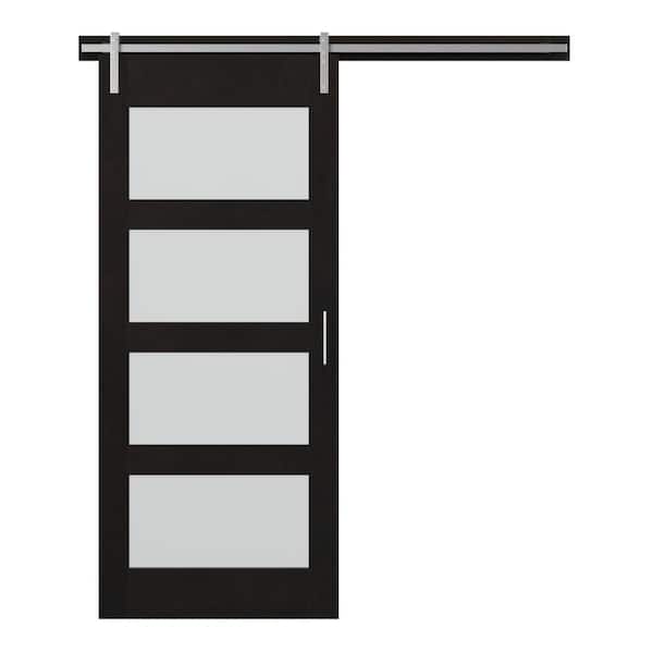 Twin Star Home 36 in. x 84 in. 4 Lite Full Frosted Glass Dark Espresso MDF Sliding Barn Door with Hardware Kit