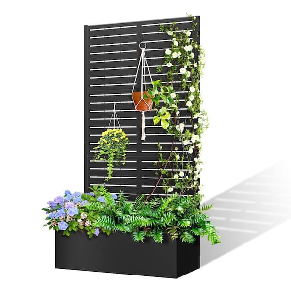 TUYOHW 71 in. x 35 in. x 16 in. Raised Garden Bed with Trellis Metal Planter Box Trellis Outdoor Planter Box Black-Louvered