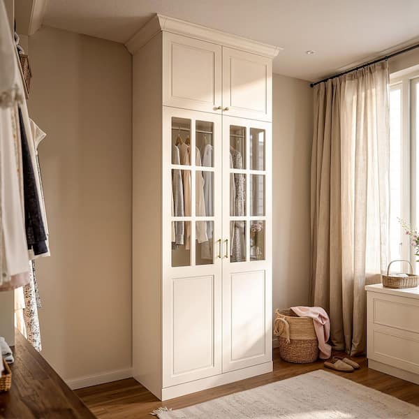 Cream Wood 40.9 in. Armoire with LED Lighting, Glass Panel Doors, Pants Rack and Hanging Rod for Bedroom