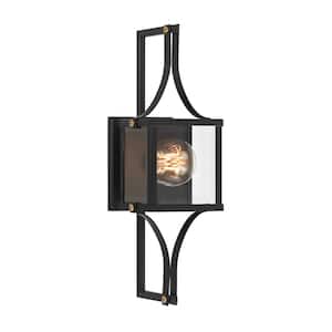 Raeburn 18 in. Matte Black and Weathered Brushed Brass Outdoor Hardwired Wall Lantern Sconce with No Bulbs Included