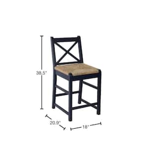 Dorsey Midnight Blue Wood Counter Stool with Back and Woven Rush Seat