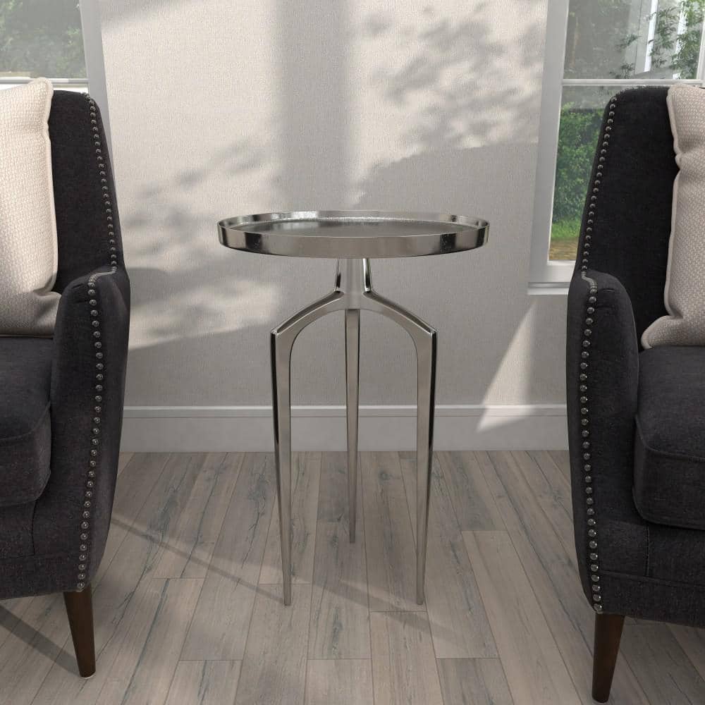 Contemporary Silver Metal Round Side Table with Curved Tripod Base