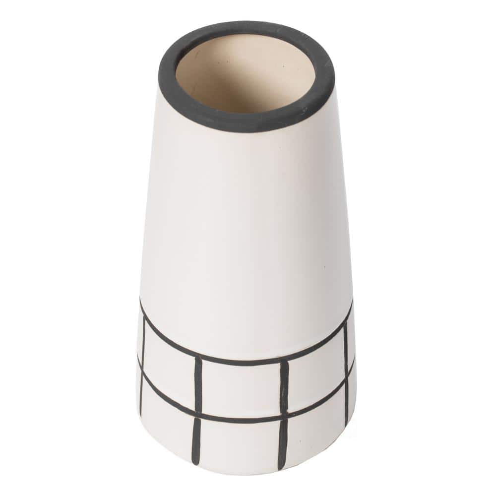 Medium Black and White Ceramic Grid Pattern Tapered Vase