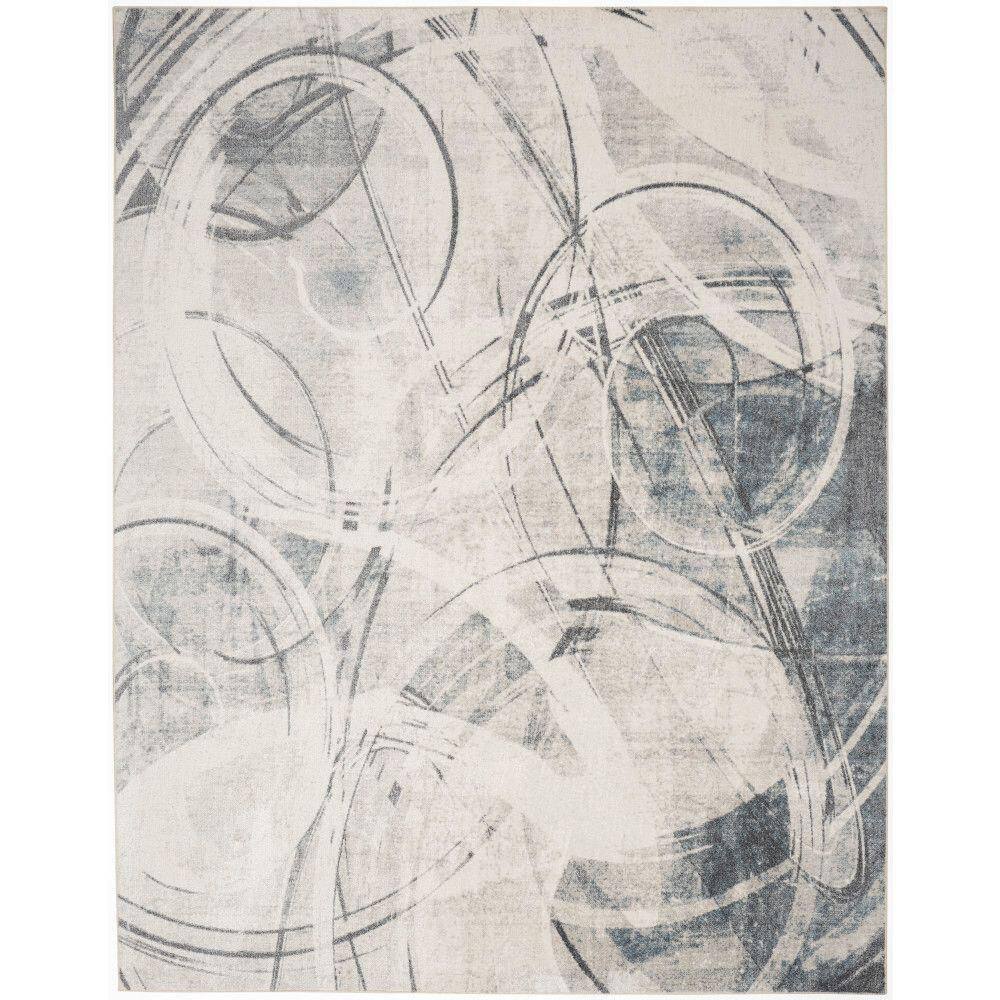 Silver Blue Abstract Synthetic Rectangular Washable Area Rug 8' x 10'