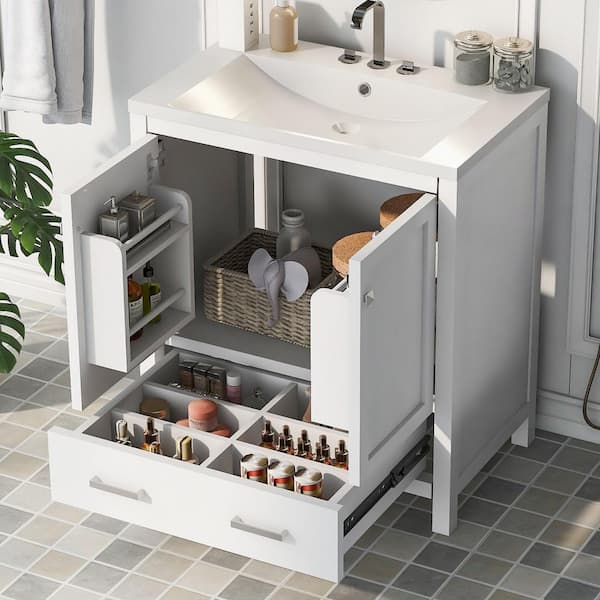 30 in. W x 18 in. D x 34 in. H Freestanding Bath Vanity in White with White Ceramic Top Single Basin Sink