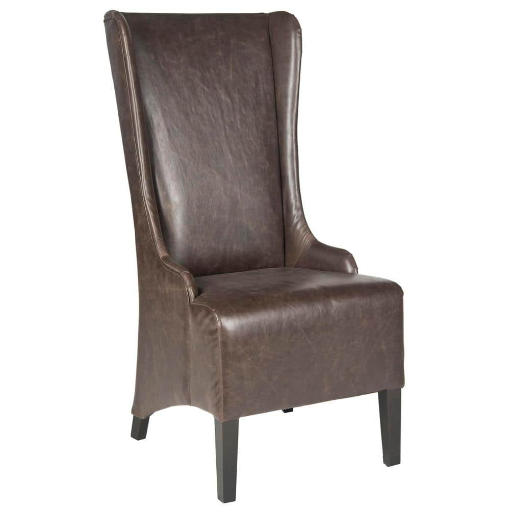 Antique Brown High Back Leather Upholstered Dining Side Chair