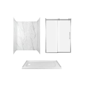 Passage 60 in. x 72 in. 3-Piece Glue-Up Alcove Shower Wall, Door and Base Kit with Left Hand Drain in Serene Marble