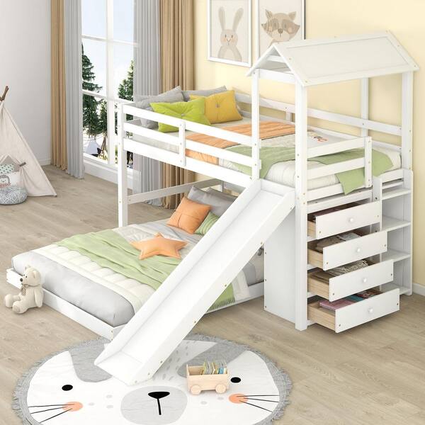 Harper & bright designs twin over twin on sale low bunk bed with slide and ladder white