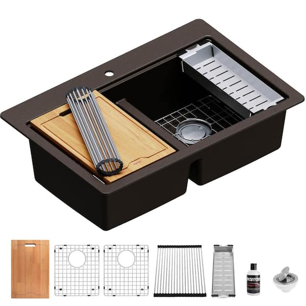 QTWS-880 Quartz/Granite 33 in. Double Bowl Drop-in Workstation Kitchen Sink in Brown