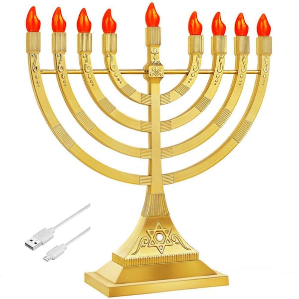 11.75 in. Gold Plastic Electronic Hanukkah Menorah Included Flameless Chanukkah Candles Holder Christmas