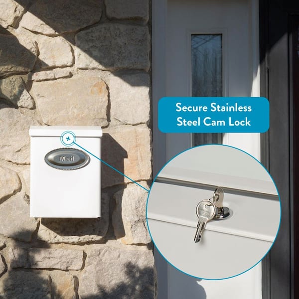 Designer White with Satin Nickel, Medium, Steel, Locking, Wall Mount Mailbox