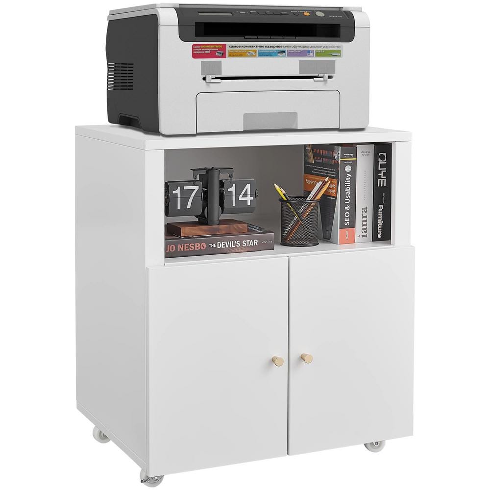 No-Drawer White Metal 23.6 in. W Lateral File Cabinet Mobile Printer Stand 