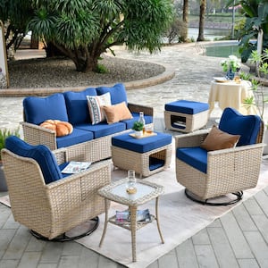 Echo Beige 6-Piece Wicker Multi-Function Patio Conversation Sofa Set with Swivel Rocking Chairs and Navy Blue Cushions