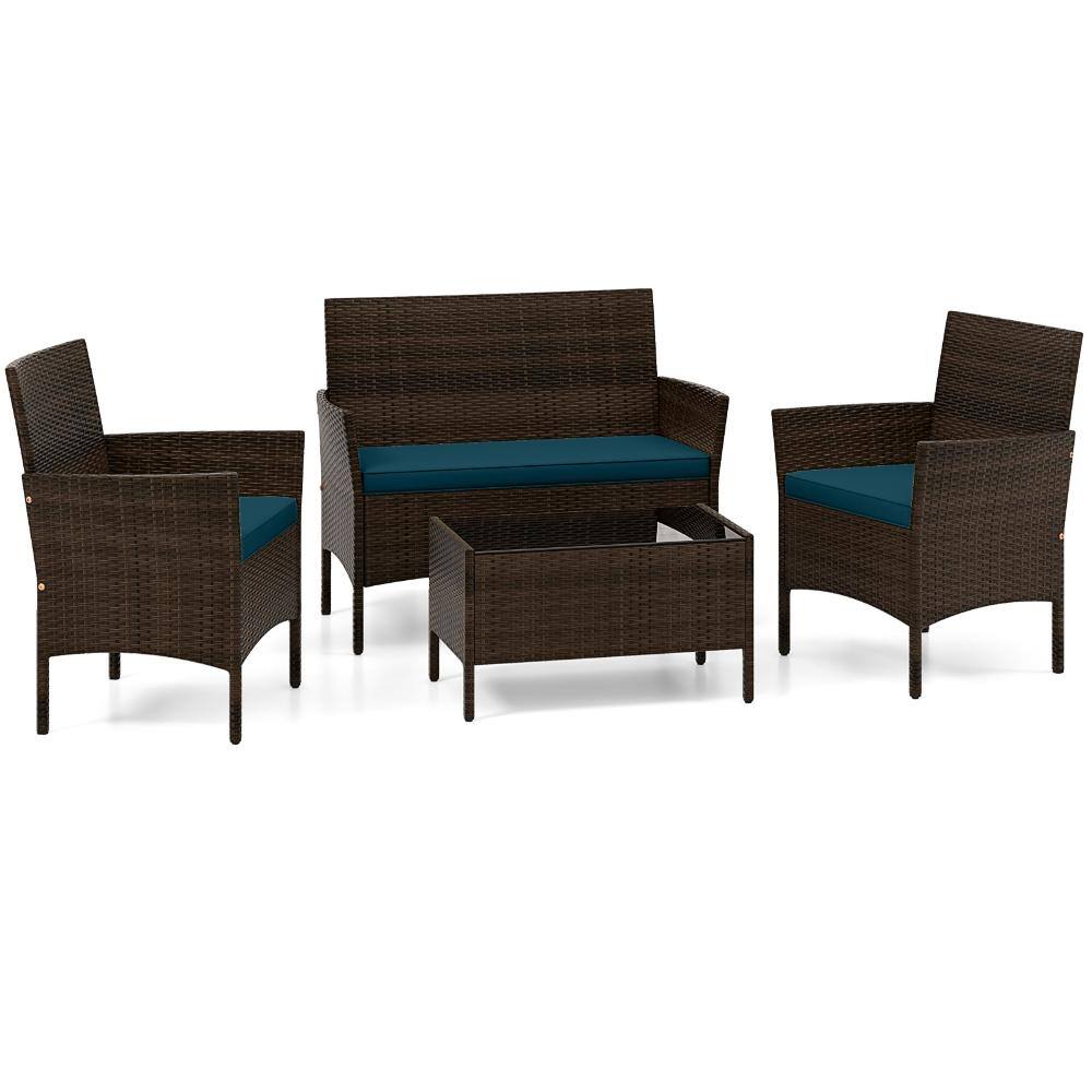 4-Piece Wicker Patio Conversation Set with Peacock Blue Cushions, Loveseat, 2 Chairs and Glass Table price history on PriceWatchPro