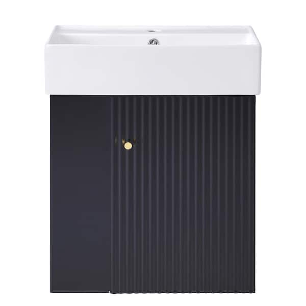 Cesicia 21.6 in. W x 12.2 in. D x 26.4 in. H Floating Bath Vanity in Black with White Ceramic Top and Left Side Storage