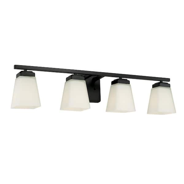 30.5 in. W x 7 in. H x 7 in. E 4-Light Vanity Light in Matte Black with Soft White Glass Shade
