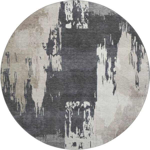 Mayfield Premium Machine Washable Abstract AMF2347 Charcoal 8 ft. x 8 ft. Round Rug