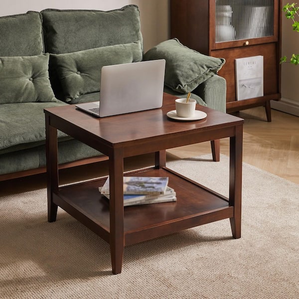 23.62 in. W Walnut 2-Tier Square Solid Wood Side Table
