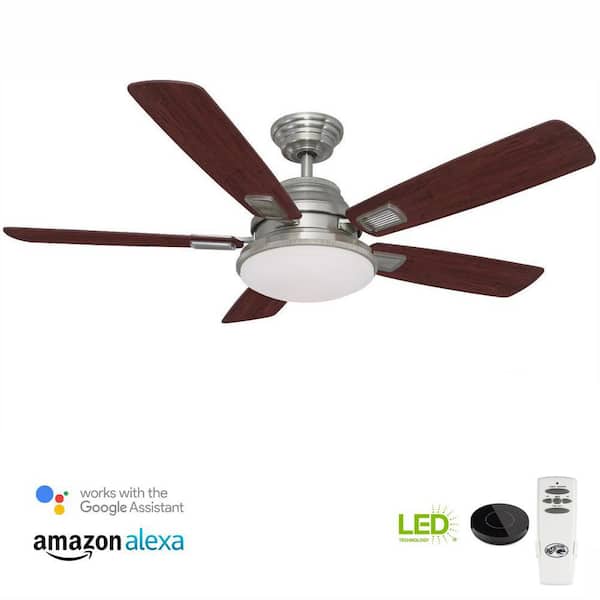 Hampton Bay Latham 52 in. LED Brushed Nickel Ceiling Fan with Light Kit Works with Google Assistant and Alexa