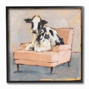 12 in. x 12 in. "Sweet Baby Calf on a Pink Couch Neutral Color Painting" by Ethan Harper Framed Wall Art