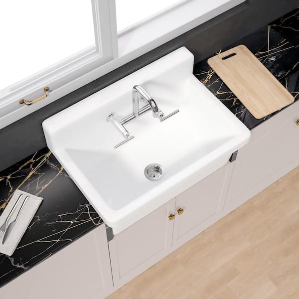 Unbranded Farm Style Utility Laundry Sink High Back 17 in. D Farmhouse Sink Fireclay in White Wall Mount Single Bowl with Drain