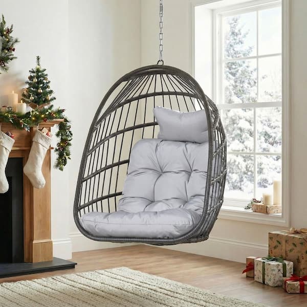 3.54 ft. Gray Foldable PE Wicker Hanging Swing Egg Chair without Stand Outdoor Hammock Chair with Cushion in Light Gray
