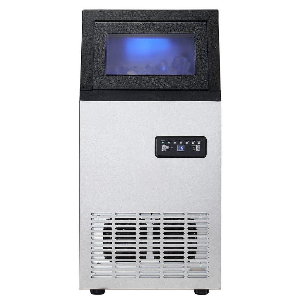 80 lbs. /24H Commercial Ice Maker 28 lbs. Storage 14.2 in &Drain Pump 36 Full Size Cubes in 15 Mins Freestanding Silver