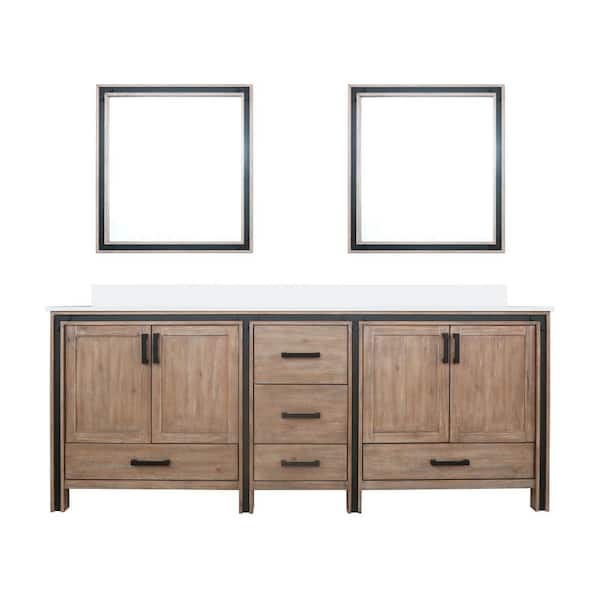 Ziva 84 in W x 22 in D Rustic Barnwood Double Bath Vanity, White Quartz Top and 34 in Mirrors