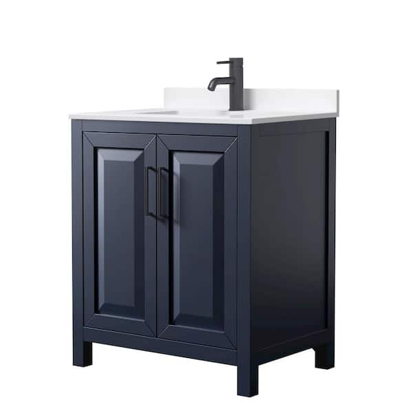 Wyndham Collection Daria 30 in. W x 22 in. D x 35.75 in. H Single Sink Bath Vanity in Dark Blue with Matte Black Trim White Quartz Top