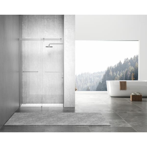 Unbranded Simply Living 48 in. W x 76 in. H Frameless Sliding Shower Door in Brushed Nickel with Clear Glass