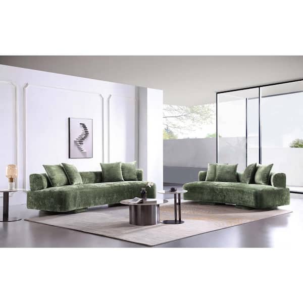 Manhattan Comfort Verandah 2-Piece Mid-Century Modern Olive Green Chenille Upholstered Sofa Living Room Set