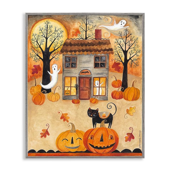 Stupell Industries - Ghosts on Halloween Night by Bernadette Deming 1-Piece Framed Graphic Print Architecture Art Print 30 in. x 24 in.