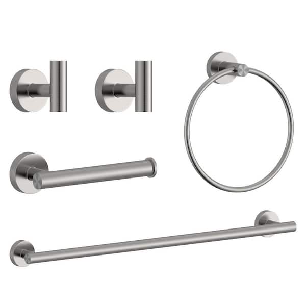 Bathroom Hardware 5-Piece Bath Hardware Set with Towel Bar, Towel Ring, Robe Hook, Toilet Paper Holder in Brushed Nickel