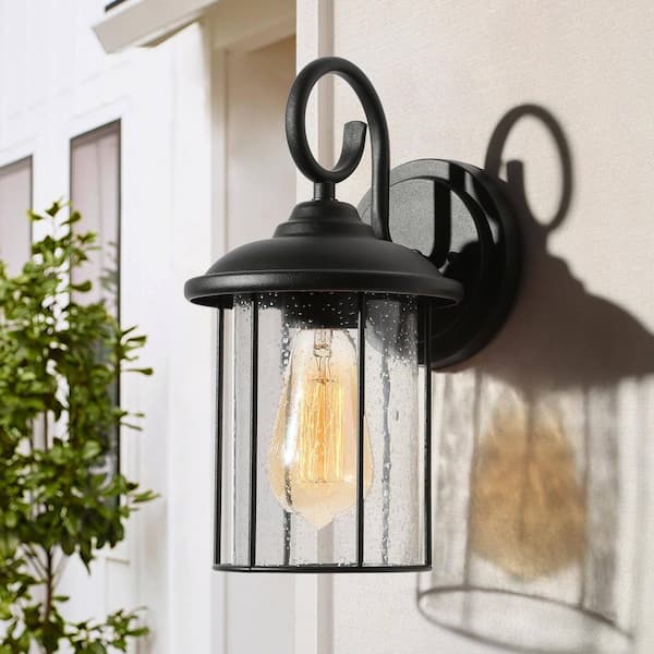12.5 in. 1-Light Black Industrial Patio Outdoor Wall Lantern Sconce Light with Clear Seeded Glass