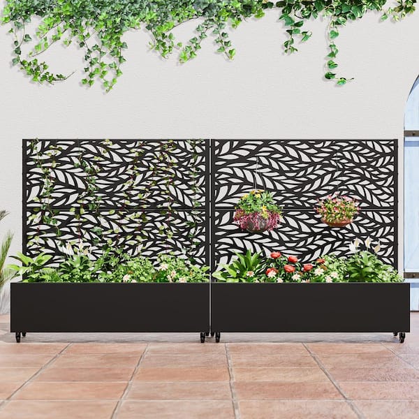 Set of 2-49 in. x 16 in. x 47 in. Black Metal Iron Planter Box with Attached Trellis for Climbing Vegetation