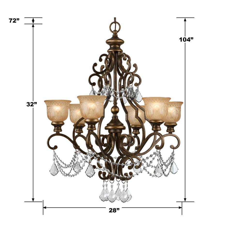 Bronze Umber 6-Light Chandelier with Amber Glass Shades and Italian Crystals