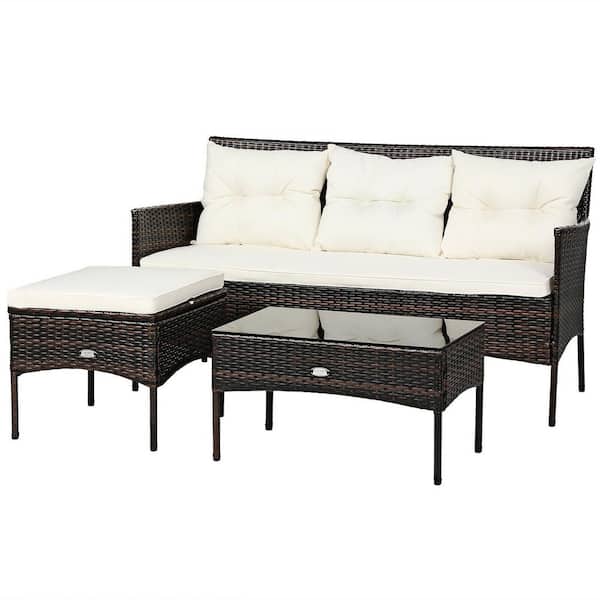 ANGELES HOME PE Wicker Outdoor Sectional Sofa with Off White Cushions and Table