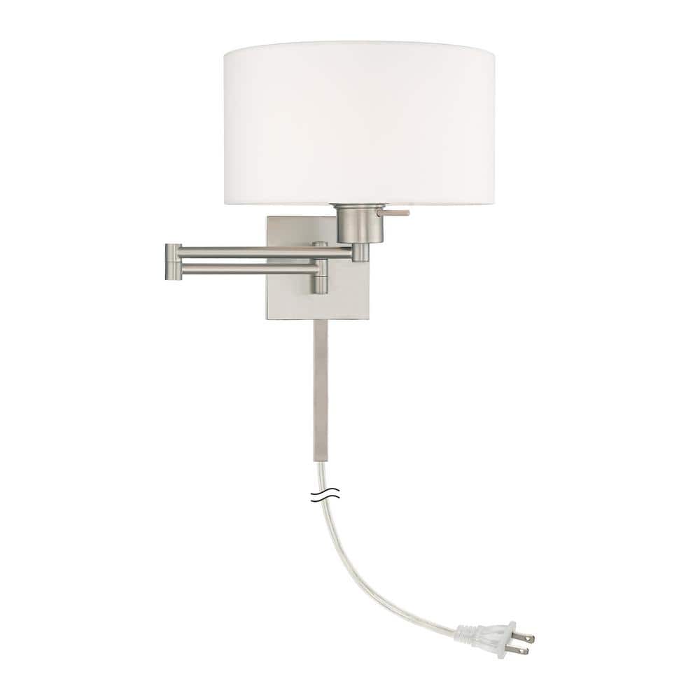 Brushed Nickel Swing Arm Wall Lamp with Off-White Fabric Shade