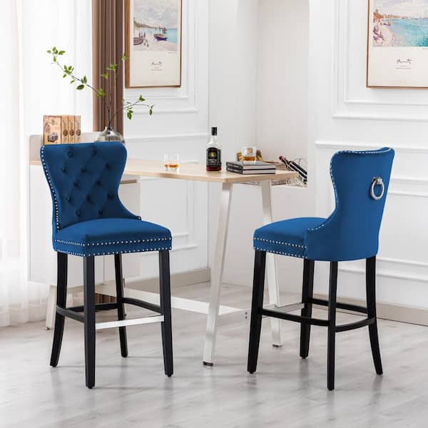 Harper 29 in. Royal Blue Velvet Tufted Wingback Kitchen Counter Bar Stool with Black Solid Wood Frame (Set of 2)