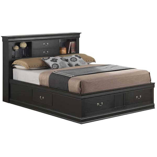 AndMakers Louis Philippe Black Full Storage Platform Bed with 6 Storage-Drawers